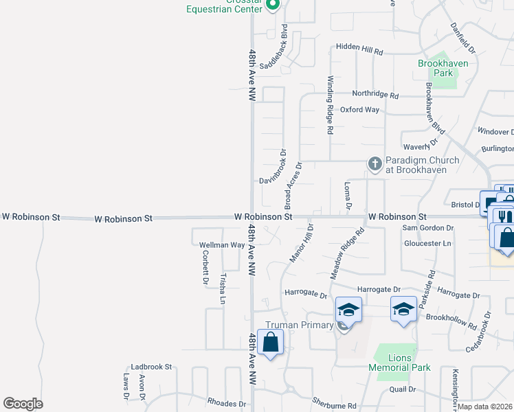 map of restaurants, bars, coffee shops, grocery stores, and more near 1204 Burkshire Terrace in Norman