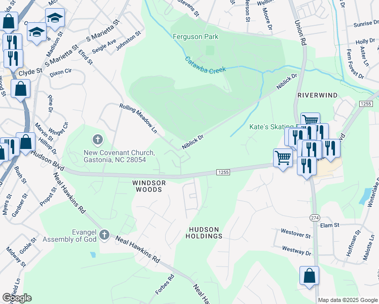map of restaurants, bars, coffee shops, grocery stores, and more near 2216 Hudson Landings Drive in Gastonia