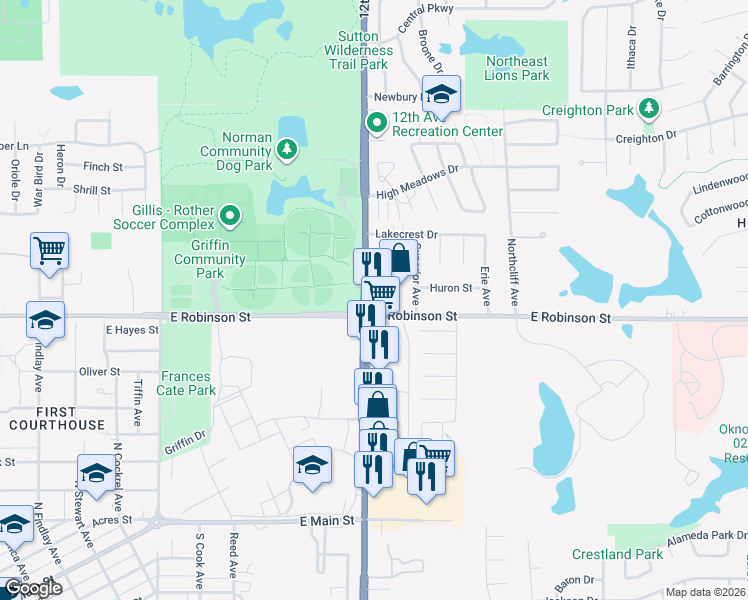 map of restaurants, bars, coffee shops, grocery stores, and more near 1201 12th Avenue Northeast in Norman