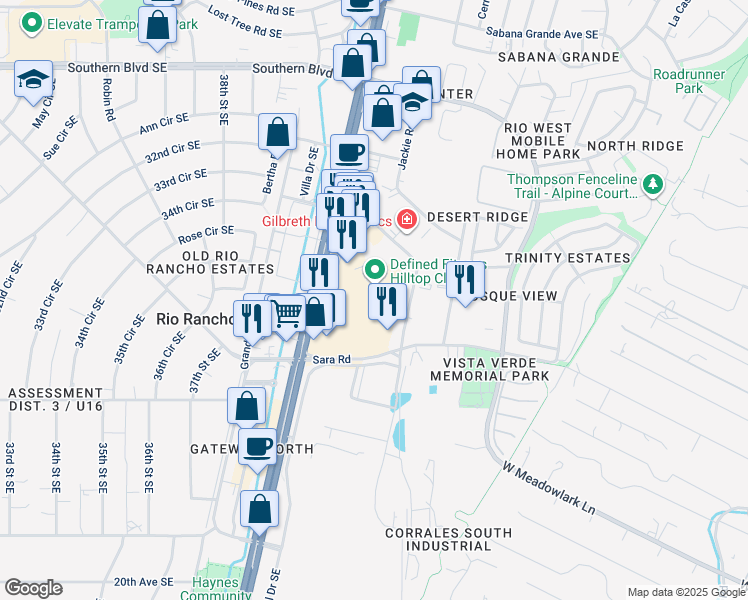 map of restaurants, bars, coffee shops, grocery stores, and more near 1640 Rio Rancho Drive Southeast in Rio Rancho