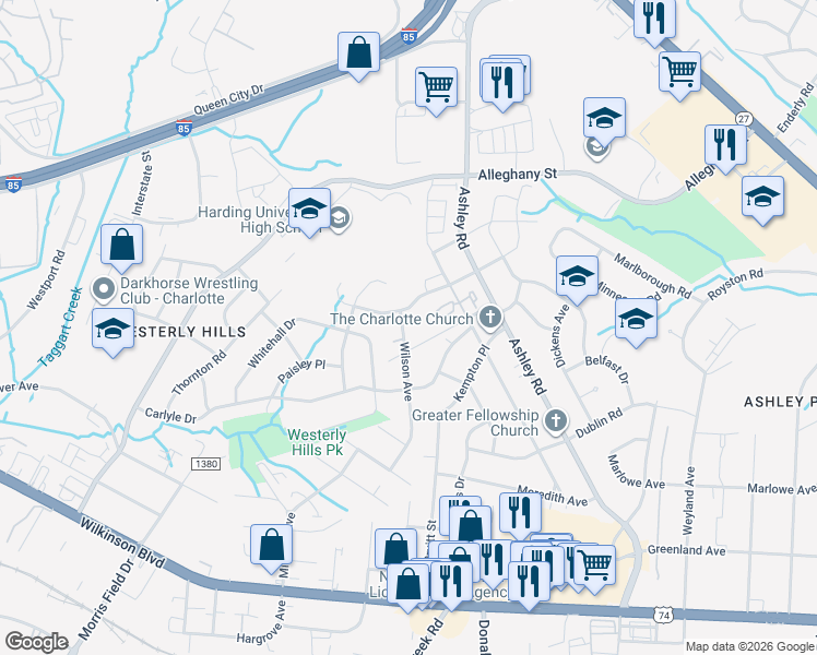 map of restaurants, bars, coffee shops, grocery stores, and more near 2017 Wilson Avenue in Charlotte