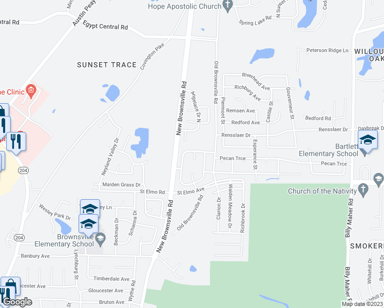 map of restaurants, bars, coffee shops, grocery stores, and more near 5545 Oak Branch Circle North in Memphis