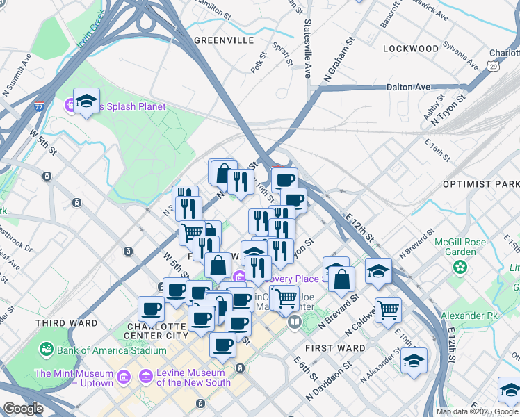 map of restaurants, bars, coffee shops, grocery stores, and more near 311 Settlers Lane in Charlotte