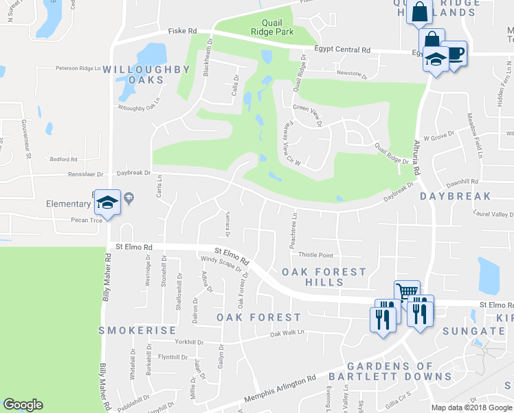 map of restaurants, bars, coffee shops, grocery stores, and more near 3943 Oak Forest Drive in Bartlett