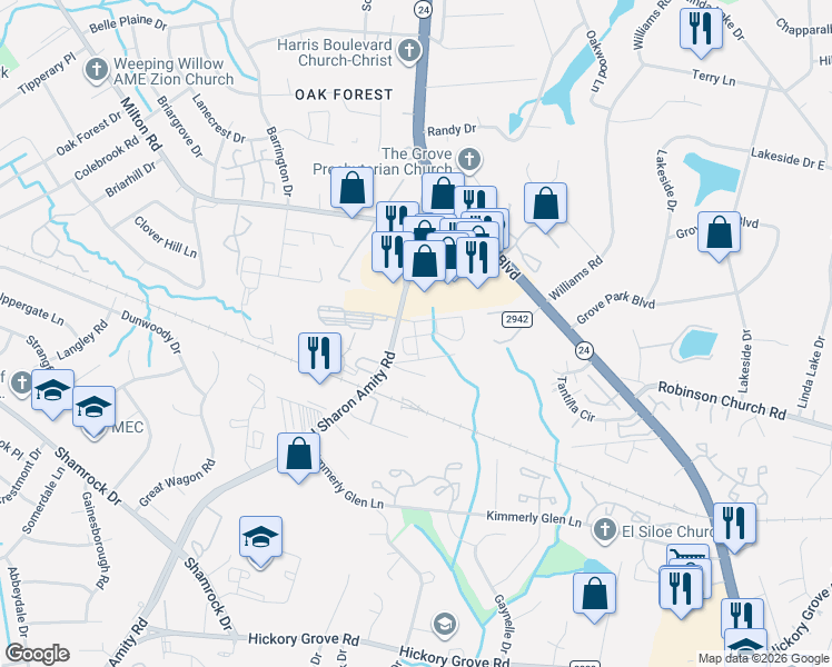 map of restaurants, bars, coffee shops, grocery stores, and more near 5626 Sharon Pointe Road in Charlotte