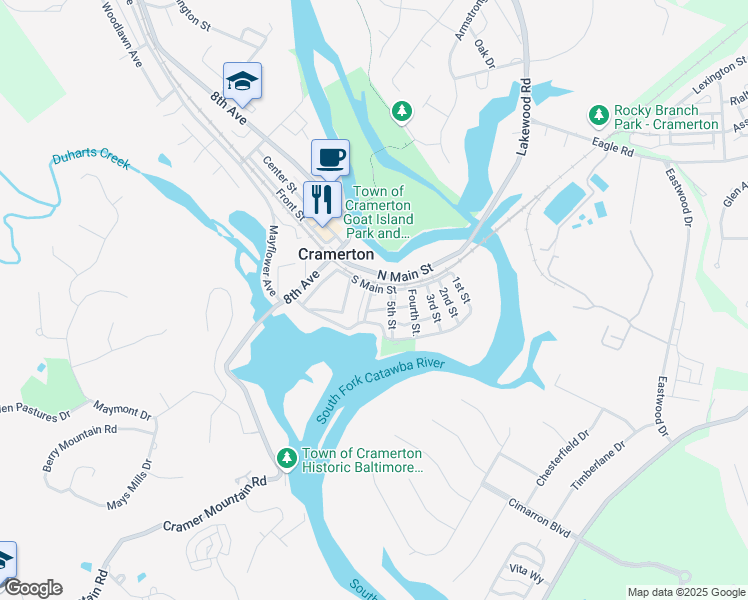 map of restaurants, bars, coffee shops, grocery stores, and more near 102 6th Street in Cramerton