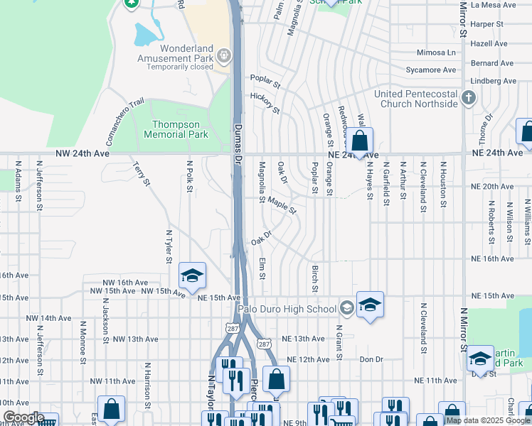 map of restaurants, bars, coffee shops, grocery stores, and more near 1811 Oak Dr in Amarillo