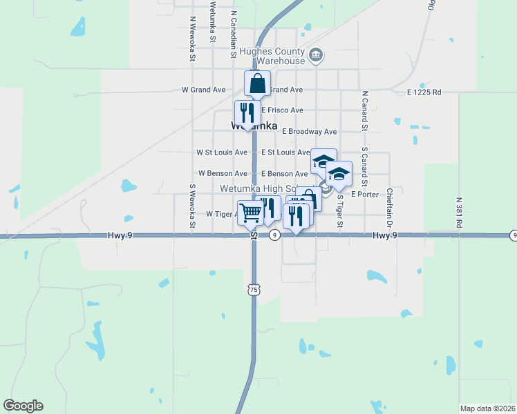 map of restaurants, bars, coffee shops, grocery stores, and more near 415 South Main Street in Wetumka