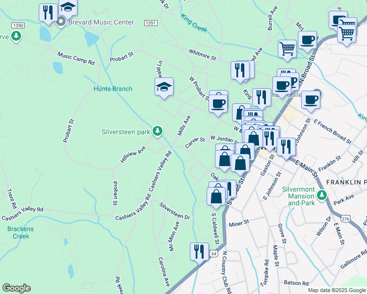 map of restaurants, bars, coffee shops, grocery stores, and more near 140 Carver St in Brevard