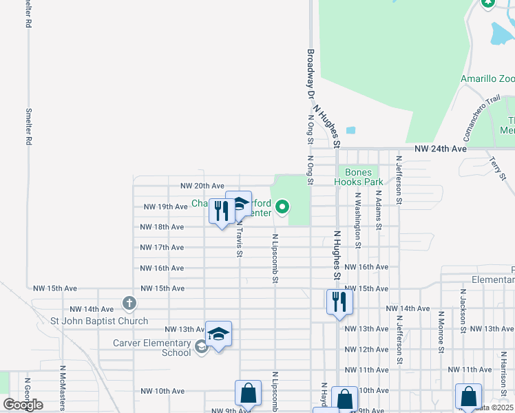 map of restaurants, bars, coffee shops, grocery stores, and more near 1800 North Travis Street in Amarillo