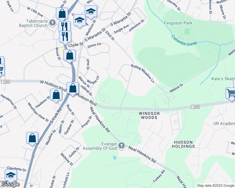 map of restaurants, bars, coffee shops, grocery stores, and more near 631 Efird Street in Gastonia
