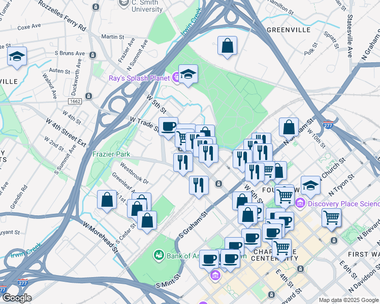 map of restaurants, bars, coffee shops, grocery stores, and more near 130 West Trade Street in Charlotte