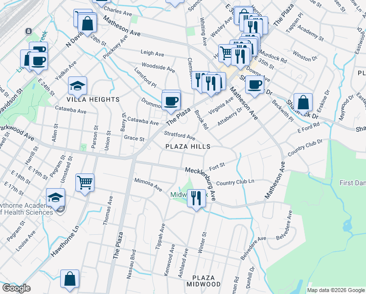 map of restaurants, bars, coffee shops, grocery stores, and more near 2409 Daniel St in Charlotte