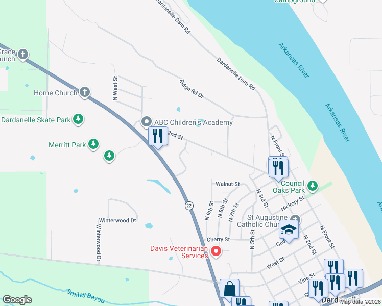 map of restaurants, bars, coffee shops, grocery stores, and more near 108 Gabriel Circle in Dardanelle