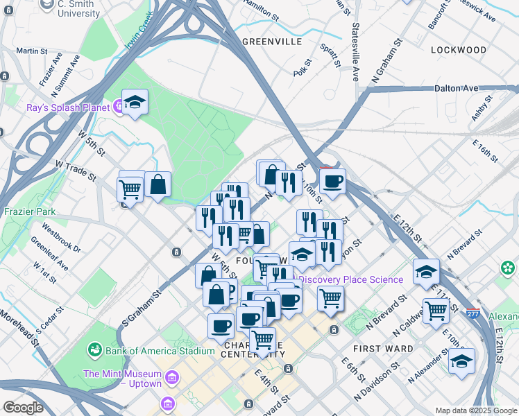 map of restaurants, bars, coffee shops, grocery stores, and more near 428 West 8th Street in Charlotte
