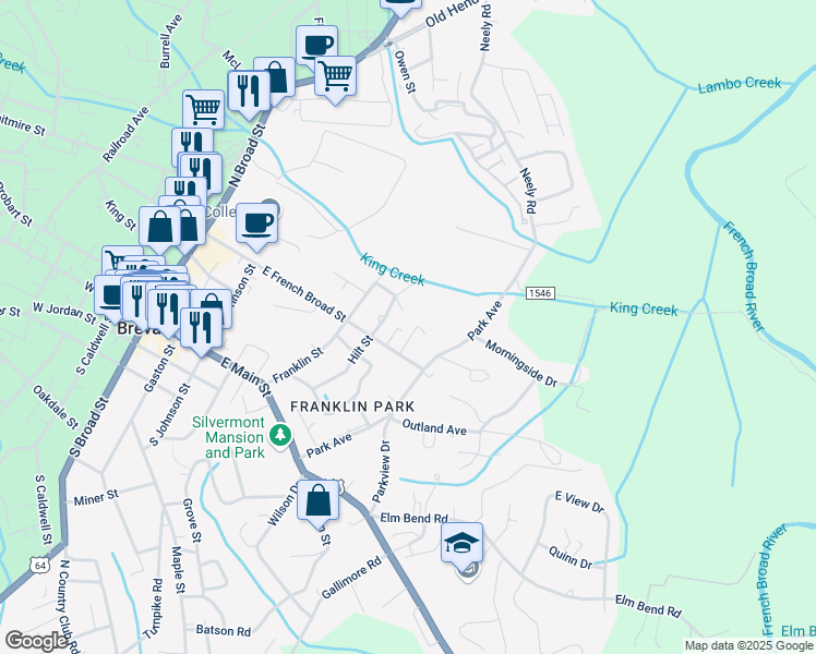 map of restaurants, bars, coffee shops, grocery stores, and more near 73 Woodlawn Avenue in Brevard