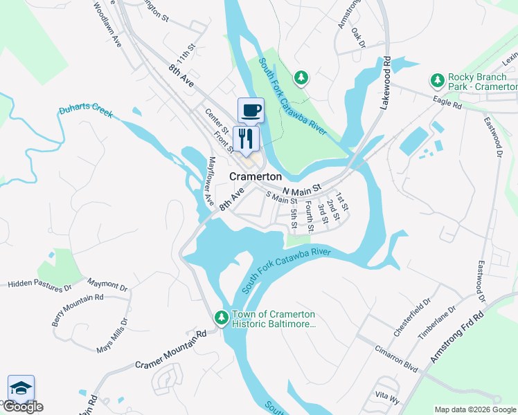 map of restaurants, bars, coffee shops, grocery stores, and more near 117 7th Street in Cramerton