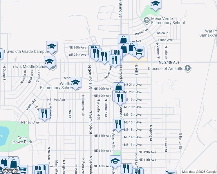 map of restaurants, bars, coffee shops, grocery stores, and more near 3325 Northeast 20th Avenue in Amarillo