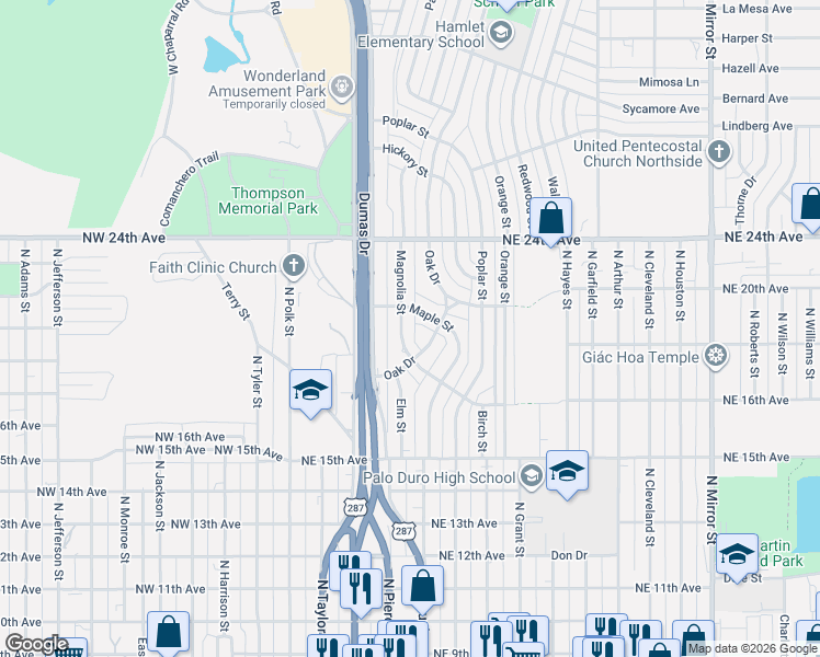 map of restaurants, bars, coffee shops, grocery stores, and more near 1811 Oak Dr in Amarillo