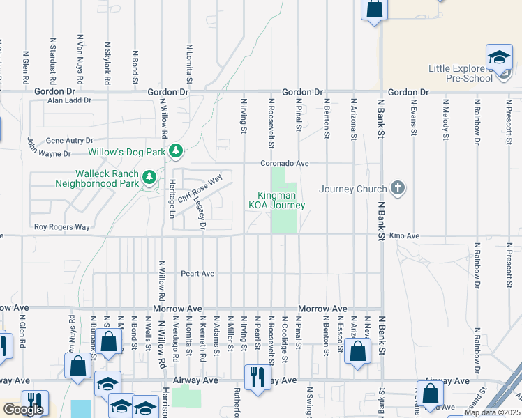 map of restaurants, bars, coffee shops, grocery stores, and more near 3800 North Irving Street in Kingman