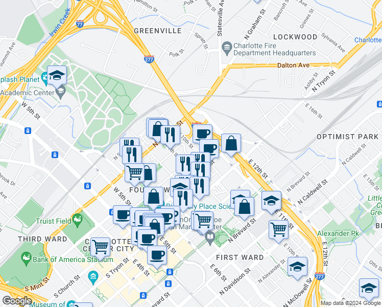 map of restaurants, bars, coffee shops, grocery stores, and more near 311 Settlers Lane in Charlotte