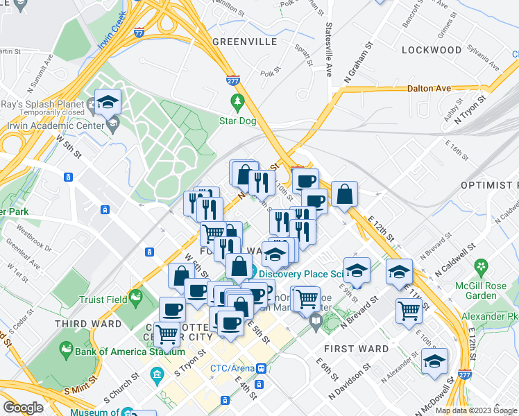 map of restaurants, bars, coffee shops, grocery stores, and more near 523 North Pine Street in Charlotte