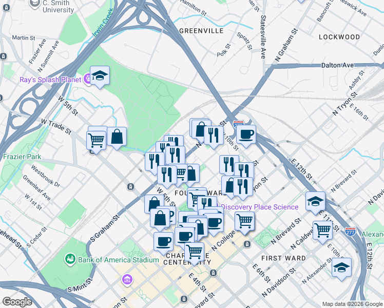 map of restaurants, bars, coffee shops, grocery stores, and more near in Charlotte