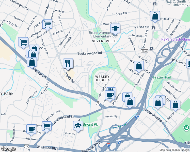 map of restaurants, bars, coffee shops, grocery stores, and more near 539 Hurston Circle in Charlotte