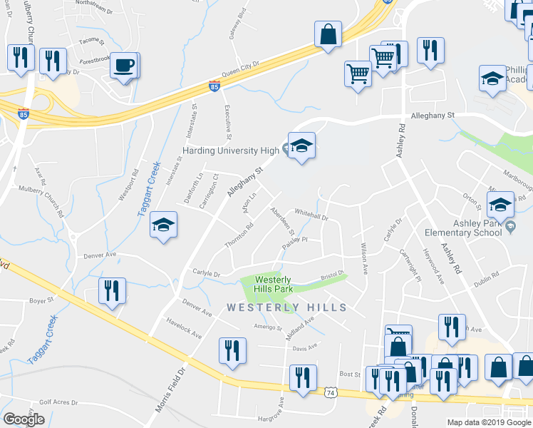 map of restaurants, bars, coffee shops, grocery stores, and more near 2409 Thornton Road in Charlotte
