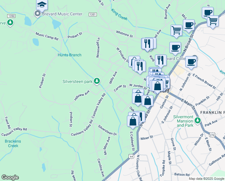 map of restaurants, bars, coffee shops, grocery stores, and more near 140 Carver St in Brevard