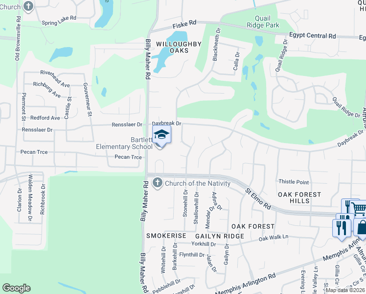 map of restaurants, bars, coffee shops, grocery stores, and more near 3951 Carla Lane in Bartlett