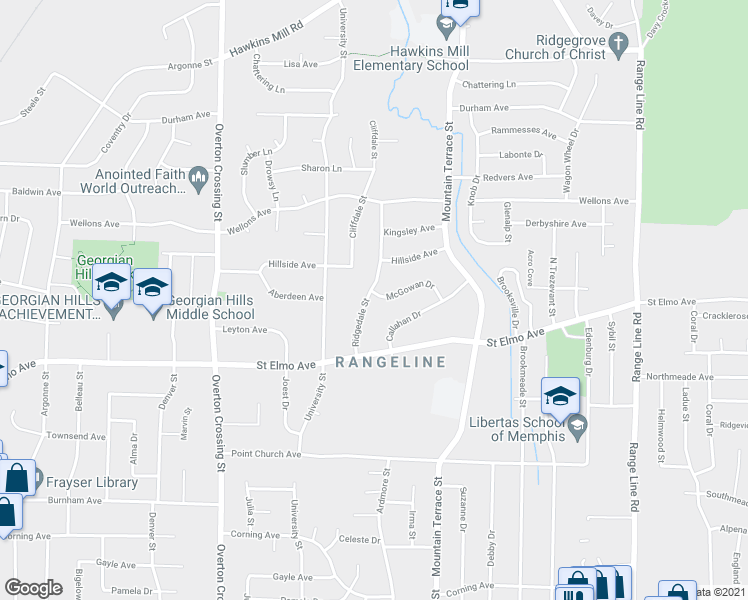 map of restaurants, bars, coffee shops, grocery stores, and more near 2311 McGowan Drive in Memphis