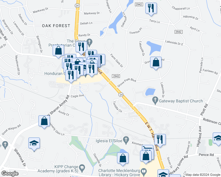map of restaurants, bars, coffee shops, grocery stores, and more near 6110 East W.T. Harris Boulevard in Charlotte