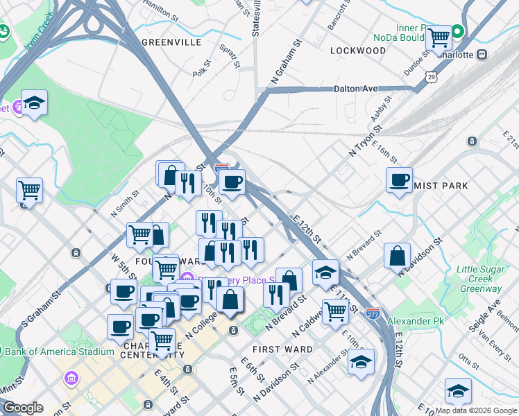map of restaurants, bars, coffee shops, grocery stores, and more near 808 North Church Street in Charlotte
