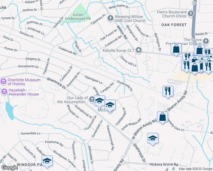 map of restaurants, bars, coffee shops, grocery stores, and more near 4147 Uppergate Lane in Charlotte