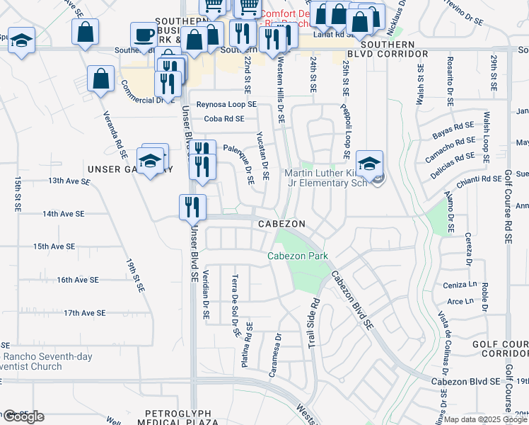 map of restaurants, bars, coffee shops, grocery stores, and more near 1368 Reynosa Loop Southeast in Rio Rancho