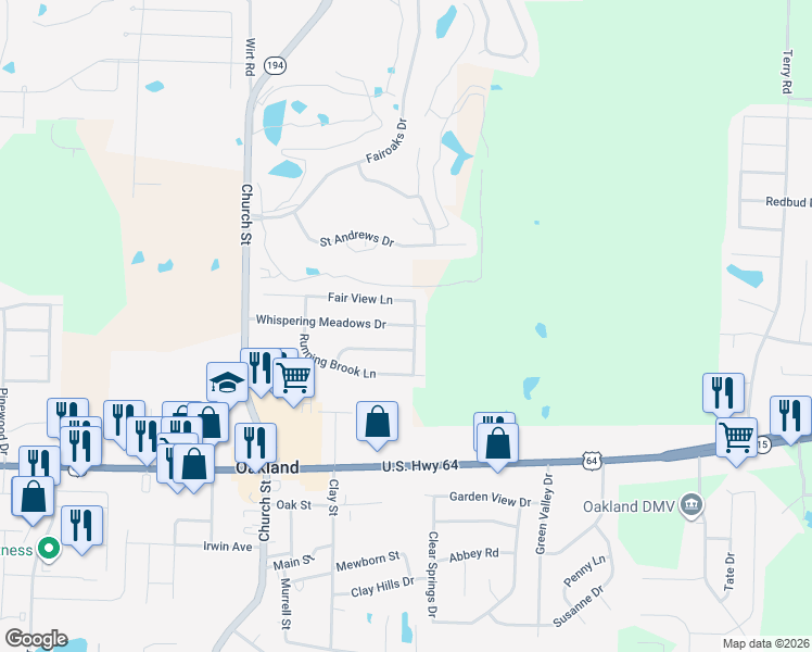 map of restaurants, bars, coffee shops, grocery stores, and more near 370 Whispering Meadows Drive in Oakland