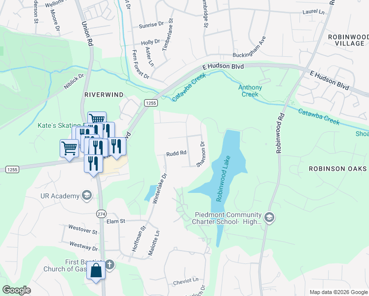 map of restaurants, bars, coffee shops, grocery stores, and more near 1056 Rudd Road in Gastonia