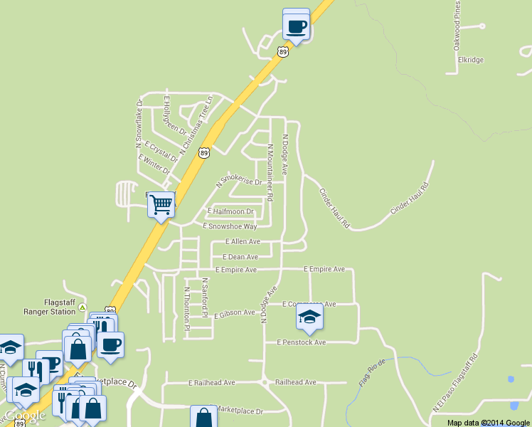 map of restaurants, bars, coffee shops, grocery stores, and more near 5901 N Mountaineer Rd in Flagstaff
