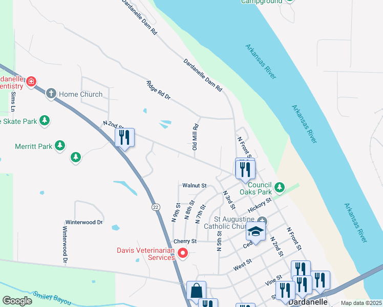 map of restaurants, bars, coffee shops, grocery stores, and more near 101 Old Mill Road in Dardanelle