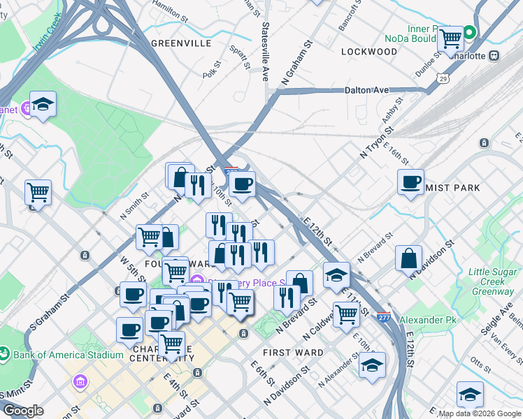 map of restaurants, bars, coffee shops, grocery stores, and more near 716 North Church Street in Charlotte