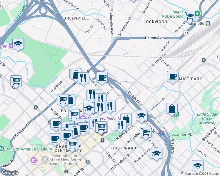map of restaurants, bars, coffee shops, grocery stores, and more near 716 North Church Street in Charlotte