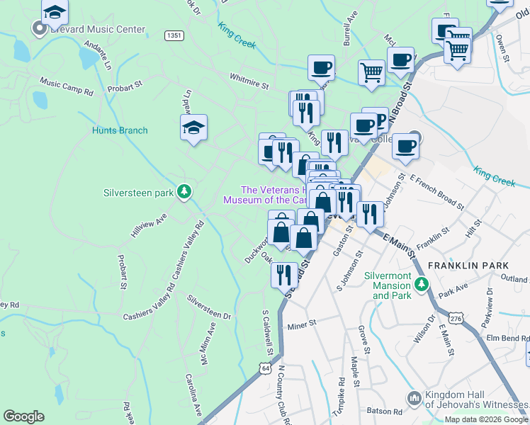 map of restaurants, bars, coffee shops, grocery stores, and more near 135 West Morgan Street in Brevard