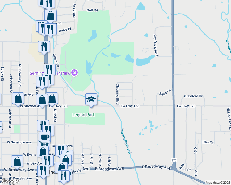 map of restaurants, bars, coffee shops, grocery stores, and more near 1119 Clausing Boulevard in Seminole