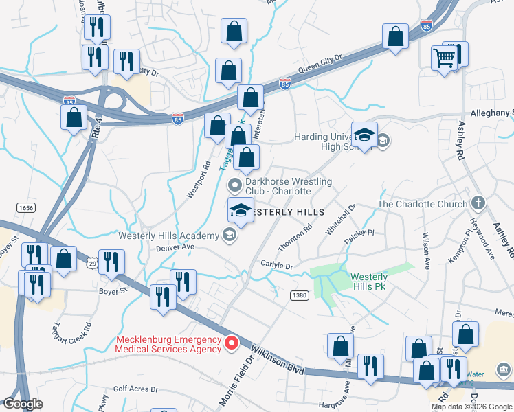 map of restaurants, bars, coffee shops, grocery stores, and more near 4409 McKinley Drive in Charlotte