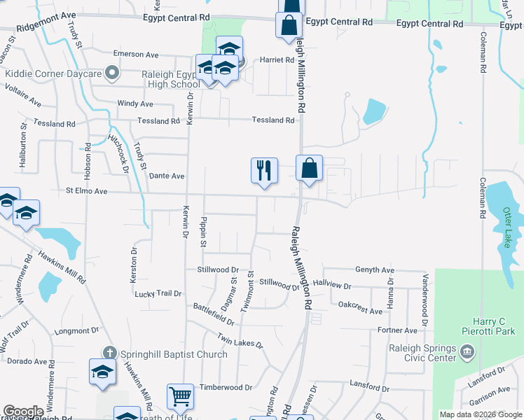 map of restaurants, bars, coffee shops, grocery stores, and more near 3958 Twinmont Street in Memphis