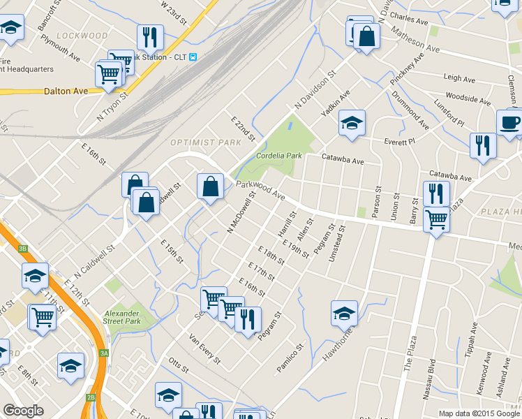 map of restaurants, bars, coffee shops, grocery stores, and more near 820 E 20th St in Charlotte