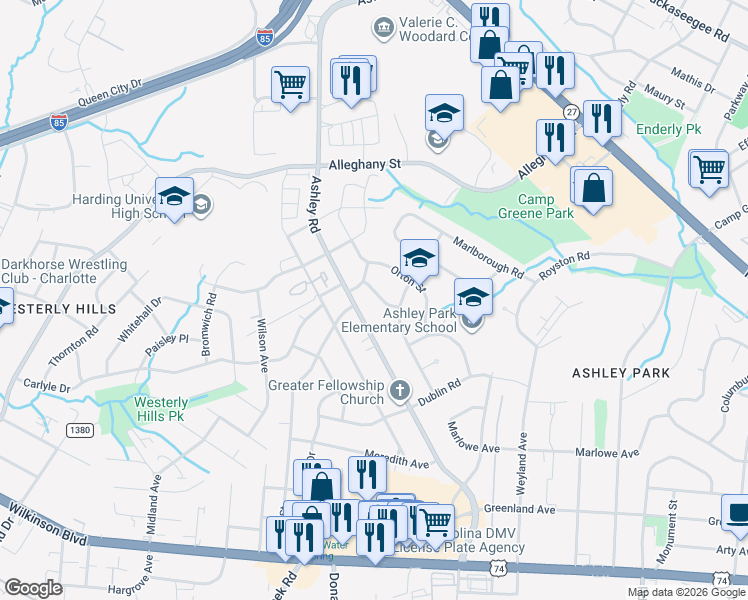 map of restaurants, bars, coffee shops, grocery stores, and more near 2218 Kern Street in Charlotte