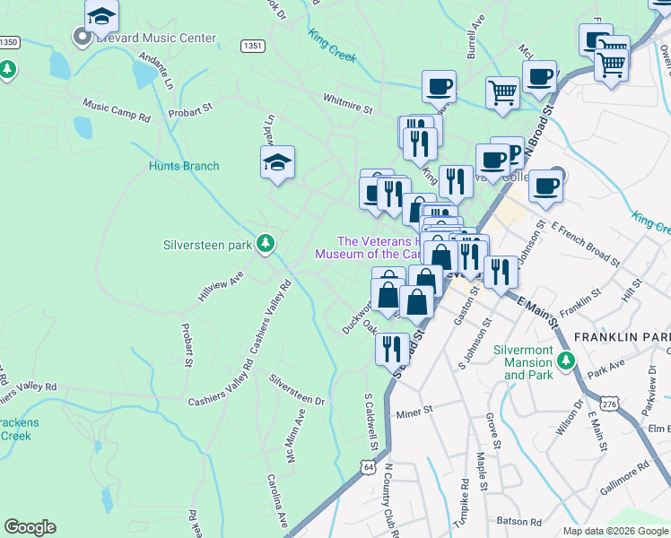 map of restaurants, bars, coffee shops, grocery stores, and more near 127 McDowell Street in Brevard