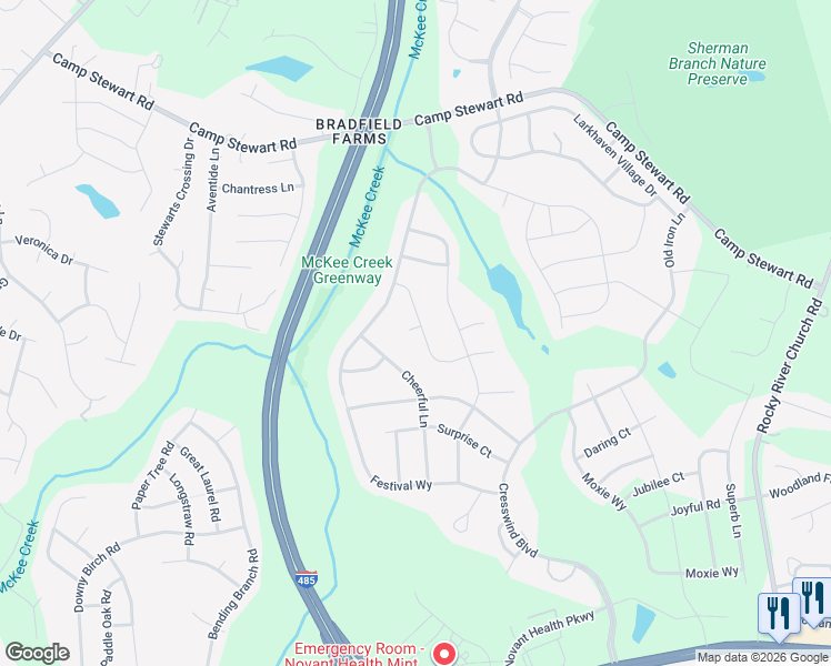 map of restaurants, bars, coffee shops, grocery stores, and more near 4001 Woodland View Drive in Charlotte